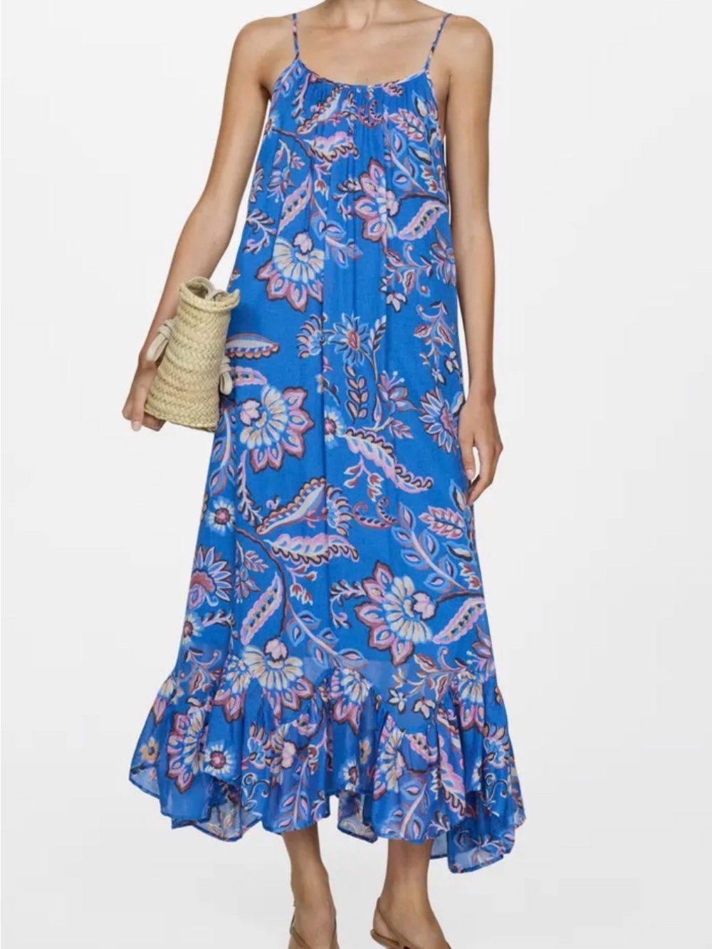 Blue Floral Maxi Sundress with Ruffle Hem